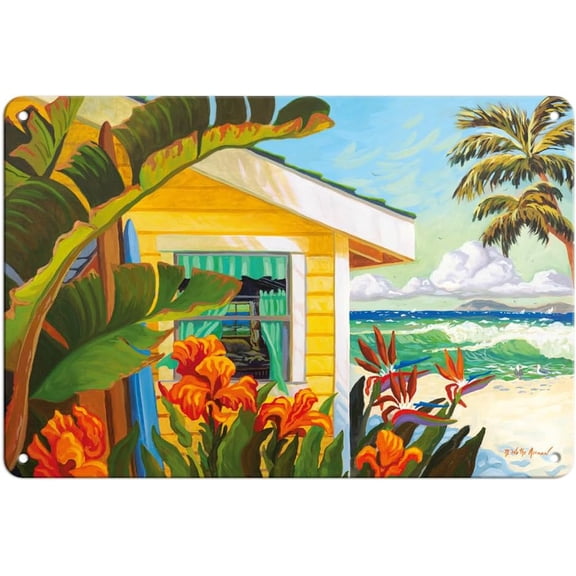 Tropical Beach Cottage Crystal Cove Laguna California Vintage Metal Tin Sign From Original Watercolor Art 8 x 12 Inch