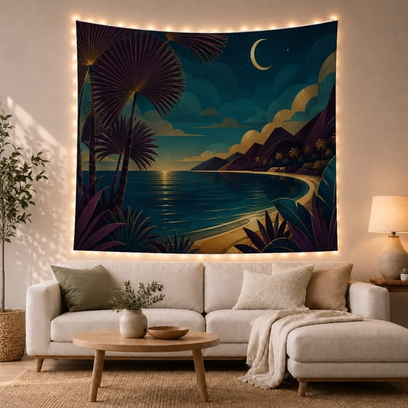 Tropical Beach with Crescent Moon and Palm Trees, Mystical Retro Illustration for Nature Lovers, Ocean Night Wall Art, Housewarming Gift Tapestry Wall Hanging for Bedroom and Living Room