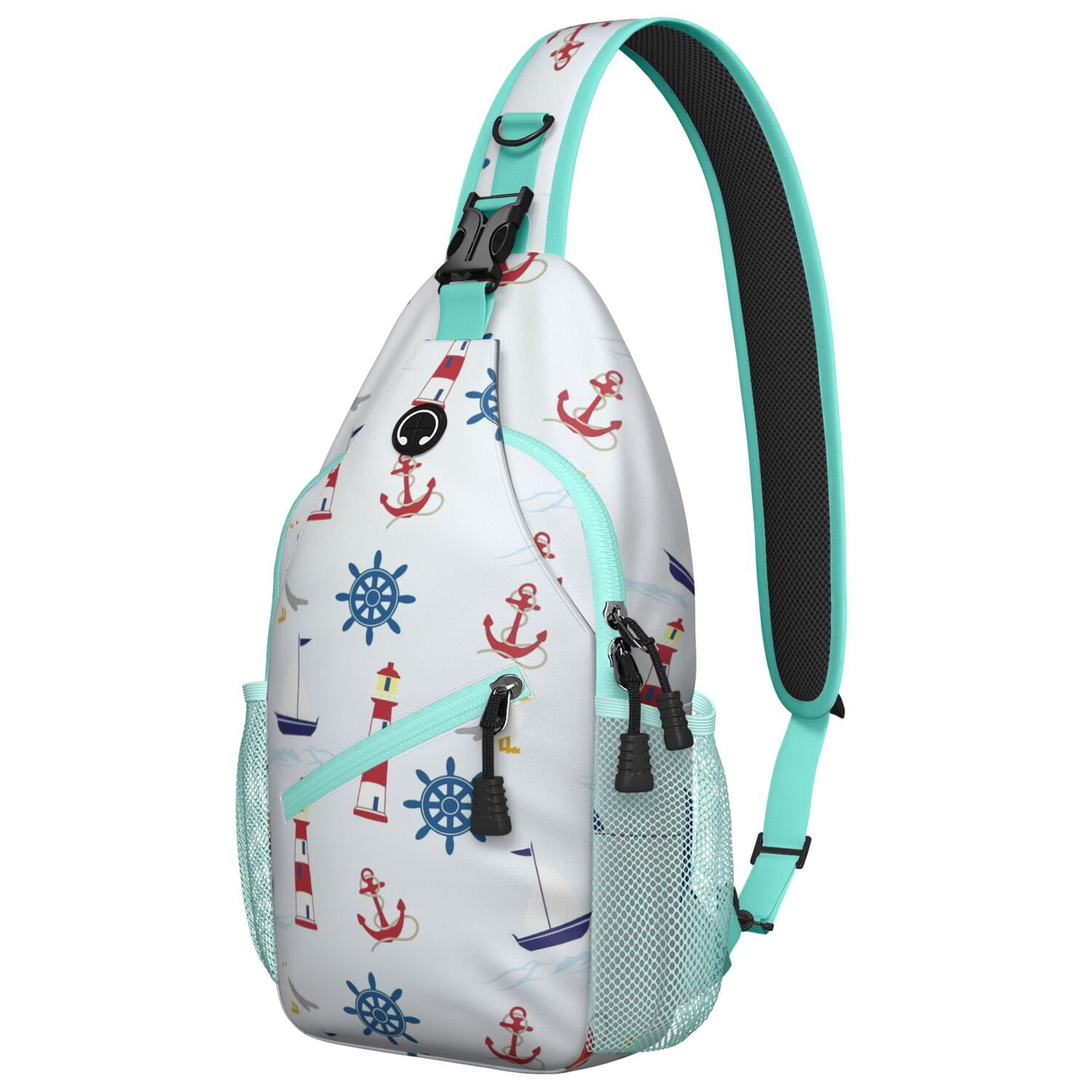 Tropical Beach Daypack - Nautical Shoulder Bag with Coral & Lighthouse Print, Spacious & Organized for Commuting, Traveling, and Casual Use - Unisex Crossbody Sling Bag