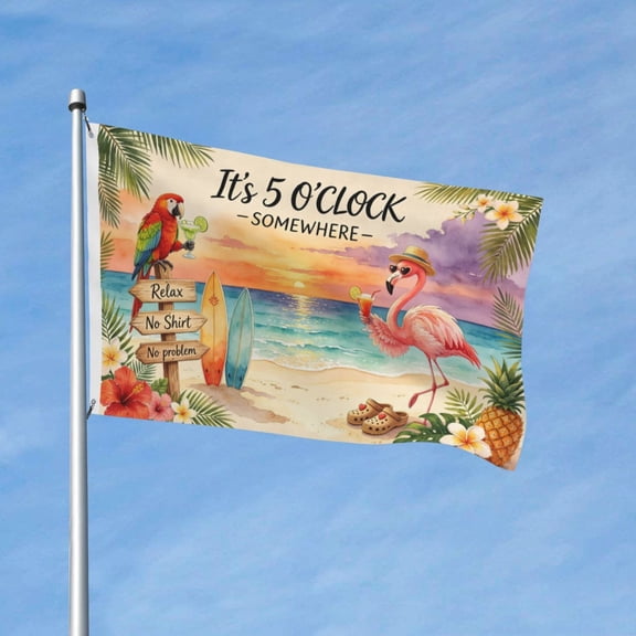 Tropical Beach Flamingo Parrot Garden Flags for Outside 3x5 Ft Double Sided Large House Flag It's 5 O'Clock Somewhere Flags Housewarming Gifts for Men Women Adults Beach Yard Outdoor Patio Decor