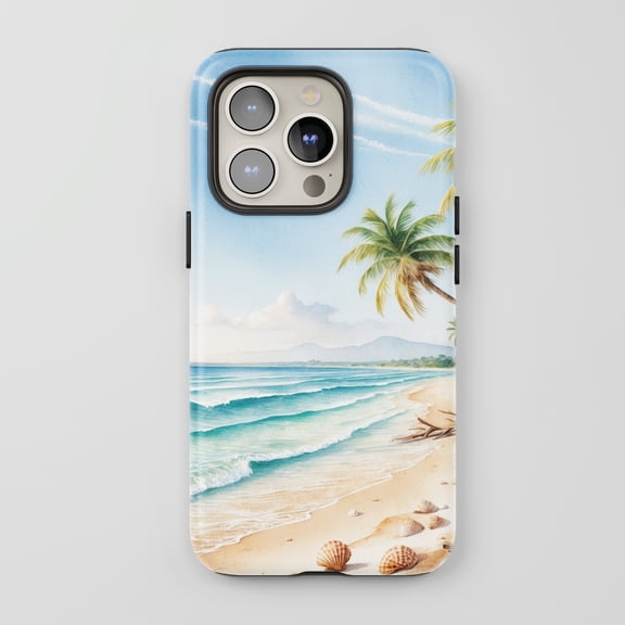 Tropical Beach For All iPhone Series Protective Phone Case Watercolor Landscape Blue Green