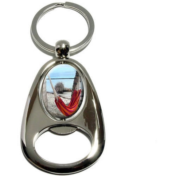 Tropical Beach Hammock, Palm Trees Ocean, Chrome Plated Metal Spinning Oval Design Bottle Opener Keychain Key Ring