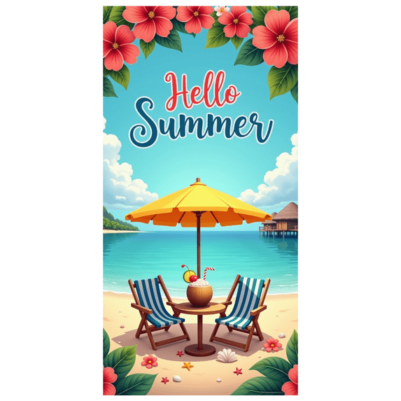 Tropical Beach Hello Summer Decorative Banner Hawaiian Floral Party Background for Outdoor Event