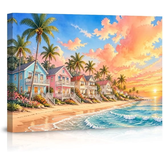 Tropical Beach Houses Sunset Canvas Wall Art, Colorful Coastal Palm Tree Ocean Landscape Print, Watercolor Seaside Home Decor for Living Room Bedroom Unframed