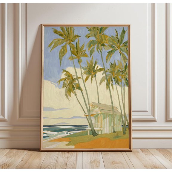 Tropical Beach Hut Coastal Palm Tree Wall Art Paper Print