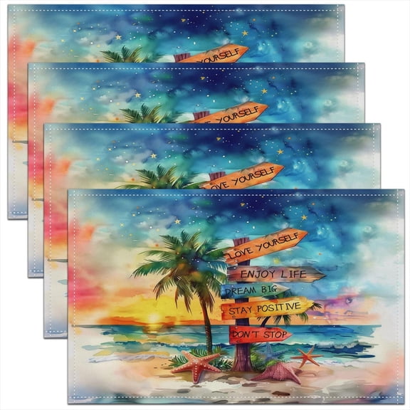 Tropical Beach Kids Placemats Set of 4,Palm Tree Summer Coastal Table Place Mats,Nautical Ocean Sunset Kitchen Decor,Rainbow Placemat Kitchen Table Decoration 12"x18"