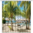 thumbnail image 1 of Tropical Beach Landscape Shower Curtain Green Palm Trees Hammock Ocean Dock Weed House Hawaii Nature Scenery Fabric Polyester Bathroom Curtains with Hooks 70x70 Inch, 1 of 6