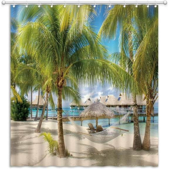 Tropical Beach Landscape Shower Curtain Green Palm Trees Hammock Ocean Dock Weed House Hawaii Nature Scenery Fabric Polyester Bathroom Curtains with Hooks 70x70 Inch