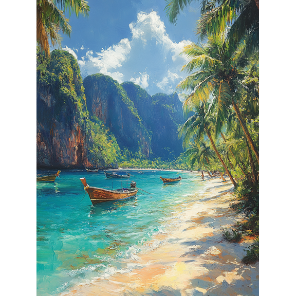 Tropical Beach Longboat Canvas Painting, Suitable for Living Room, Hotel, and Restaurant Decoration.