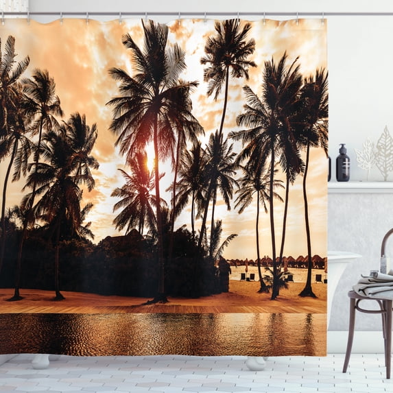 Ambesonne Tropic Shower Curtain, Ocean Sea Love Palms, 69"Wx84"L, Orange and Brown