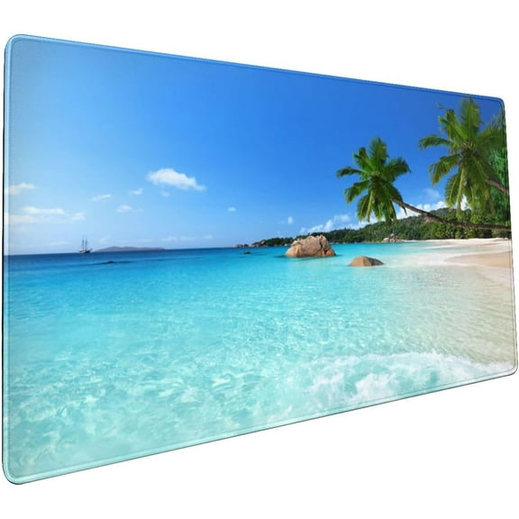 Tropical Beach Mouse Pad 35.4x15.7 Inch Blue Green XL Large Gaming Extended Mousepad Big Desk Pad Stitched Edges Rubber Keyboard Mat for Office Desktop