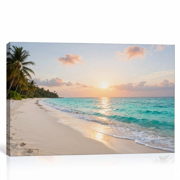 Tropical Beach Ocean Landscape Wall Art Palm Trees Island Seascape Canvas Print Coastal Vacation Decor Large Statement Artwork 40"L x 28"W