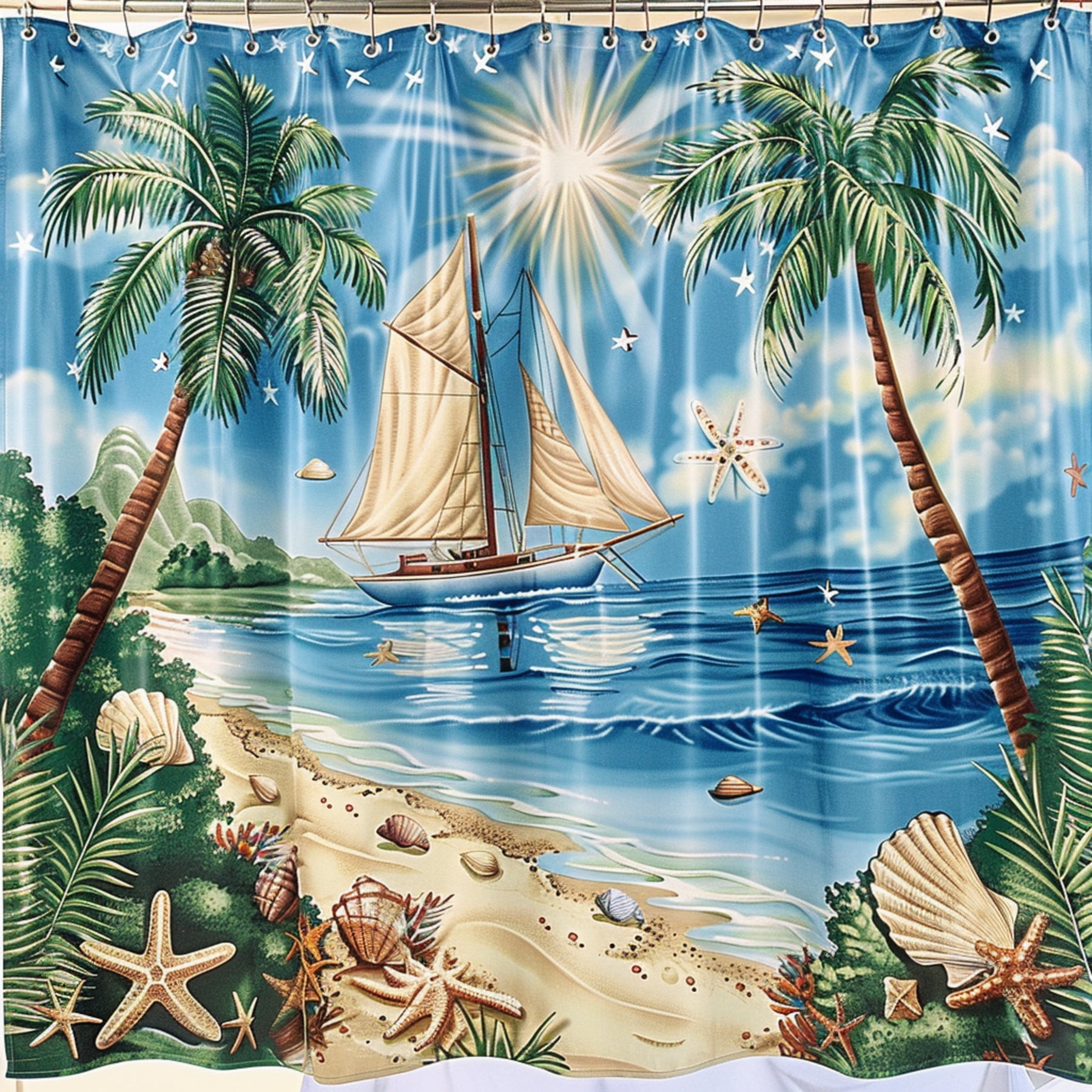 Tropical Beach Ocean View Shower Curtain with Palm Trees Boats Starfish