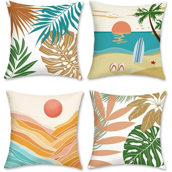 Tropical Beach Outdoor Pillow Covers 18x18 Inch Set of 4 Summer Palm Hawaii Decorative Pillowcase Soft Velvet Cushion Covers for Couch Sofa Garden Yard Home Decor