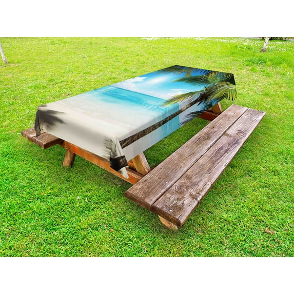 Tropical Beach Outdoor Tablecloth, Coconut Palm Trees Shadows On Caribbean Shore Summer Plants Idyllic, Decorative Washable Fabric Picnic Table Cloth, 58 X 84 Inches,Aqua Coconut Green, by Ambesonne