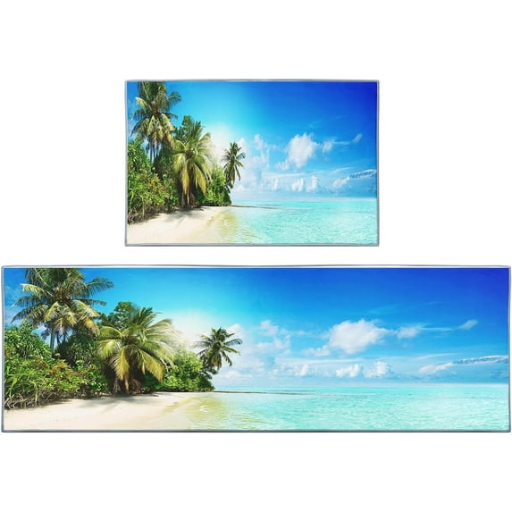 Tropical Beach Palm Leaf Kitchen Rugs and Mats Non Skid Washable Set of 2, Turquoise Ocean Blue Kitchen Runner Rug, Farmhouse Kitchen Floor Mat Under Sink Mat Throw Rug for Doormat