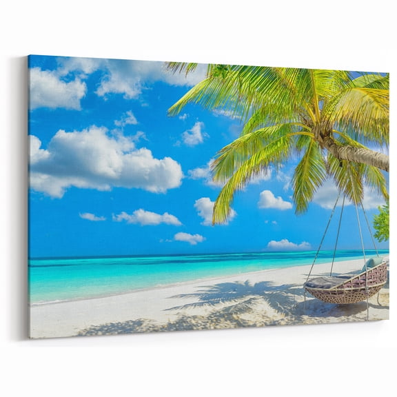 Tropical Beach Palm Tree Canvas Print | Turquoise Ocean & Swing Wall Art
