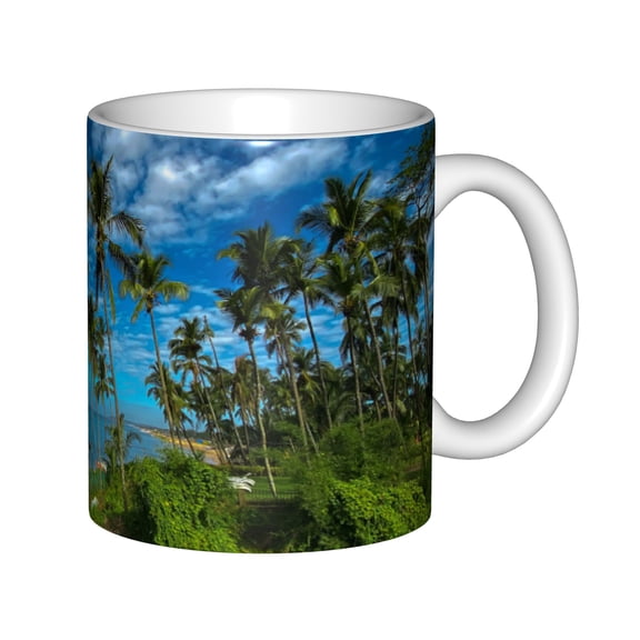 Tropical Beach Palm Tree Coffee Mug, 11oz Ceramic White Tea Cup with Summer Island Scenery Design for Home and Office