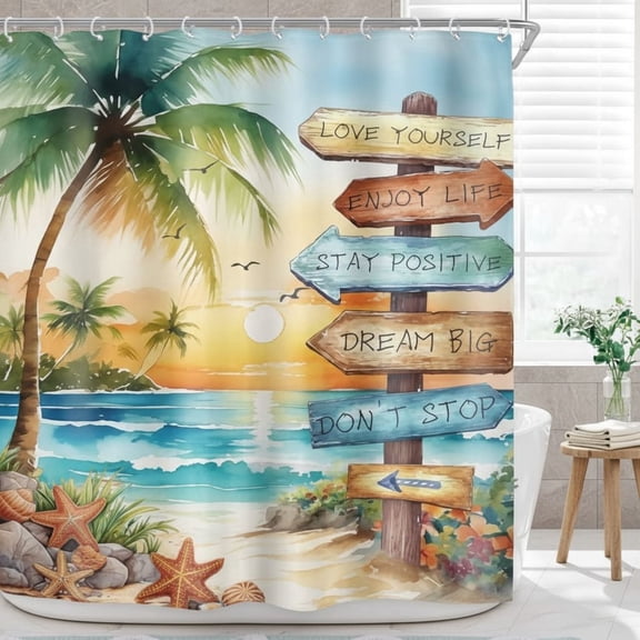 Tropical Beach Palm Tree Shower Curtain for Bathroom Decor 72Wx72H Ocean Quotes Coastal Sunset Watercolor Scenery Inspirational Art Printed Fabric Polyester Waterproof 12 Pack Plastic Hooks