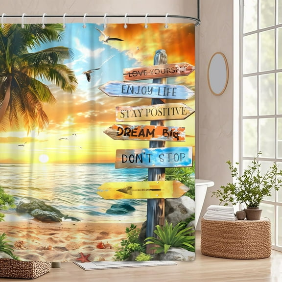 Tropical Beach Palm Tree Shower Curtain Summer Coastal Nautical Ocean Quotes Sunset Inspirational Art Printed Fabric Bathroom Curtain,60"x72"