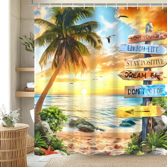 Tropical Beach Palm Tree Shower Curtain Summer Coastal Nautical Ocean Quotes Sunset Inspirational Art Printed Fabric Bathroom Curtain,72"x72"