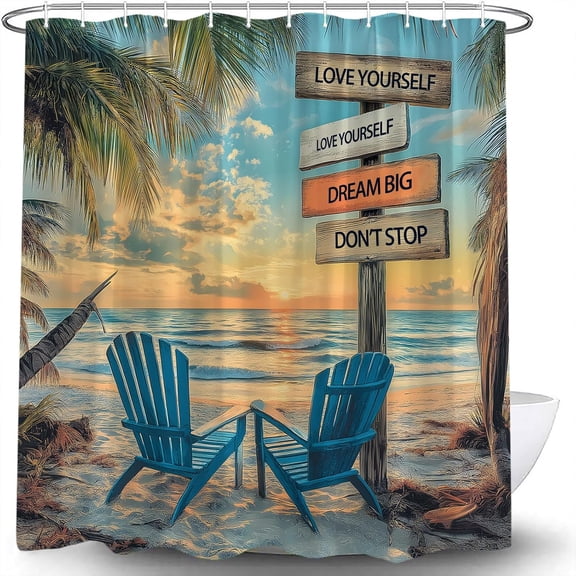 Tropical Beach Palm Tree Shower Curtain Summer Ocean Coastal Sunset Vintage Blue Chair Vocation Hawaiian Nature Scenery Sea Waves Fabric Bathroom Curtain Decor with Hook-72"W x 72"L (Pack of 1)