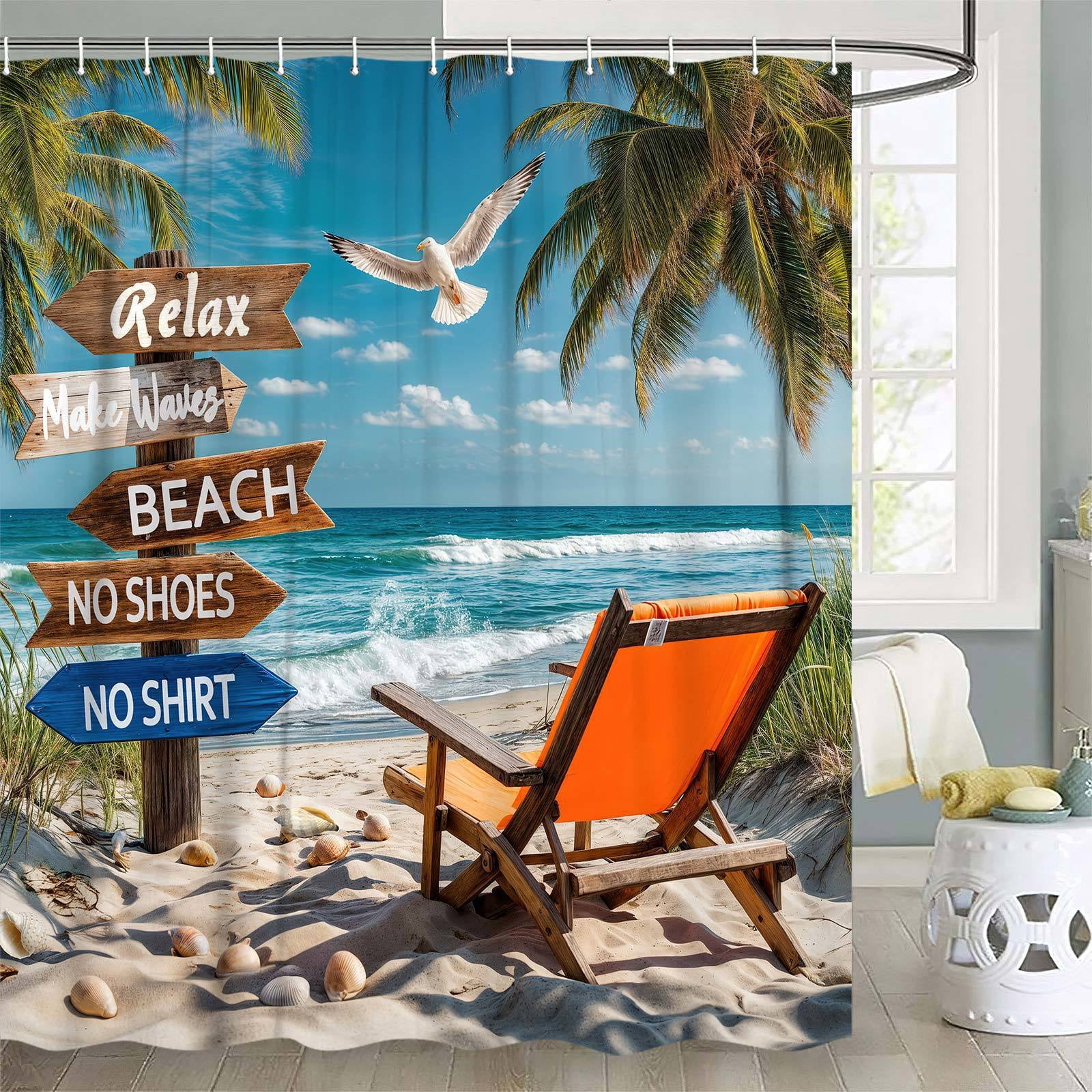 Tropical Beach Palm Tree Shower Curtains, Ocean Summer Shower Curtains for Bathroom, Sailing Seagull Sails Bath Curtain Bathroom Decor,70X85in