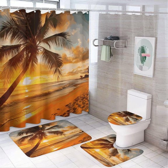 Tropical Beach Palm Tree Sunset Bathroom Sets with Shower Curtain And Rugs 4 Piece Shower Curtain Sets Bathroom Decor Set with Rugs Toilet Lid Cover And Bath Mat Incl Shower Curtain with 12 Hooks