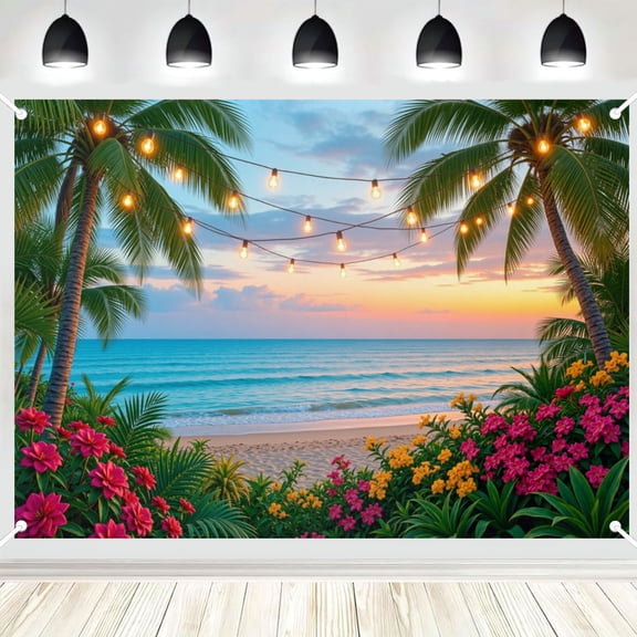Tropical Beach Palm Tree Sunset Photo Backdrop, String Lights Ocean Seaside Scenery Background for Summer Party Decor 3x5ft