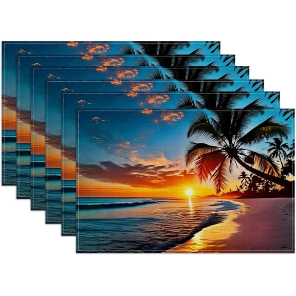 Tropical Beach Palm Tree Sunset Placemats Set of 6, Washable Heat Resistant Table Mat Linen Place Mats for Party Kitchen Dining Home Decor 12x18 Inch