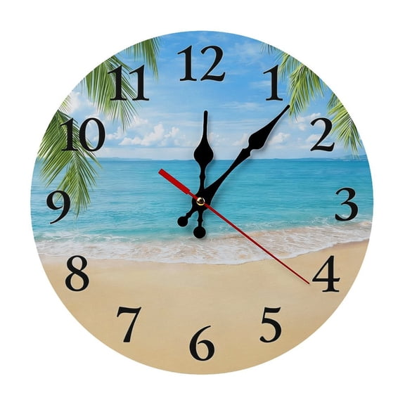 Tropical Beach Palm Tree Wall Clock, 12 Inch Silent Non-Ticking Summer Ocean Decorative Clock for Living Room, Bedroom, Beach House