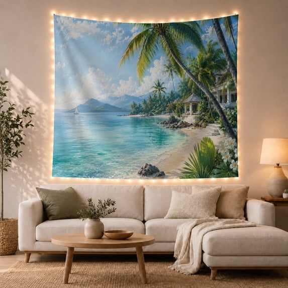 Tropical Beach with Palm Trees and Sailboat in a Secluded Cove, Serene Coastal for Ocean Lovers, Vacation Inspired Wall Art, Housewarming Gift, Tapestry Wall Hanging for Living Room and Bedroom