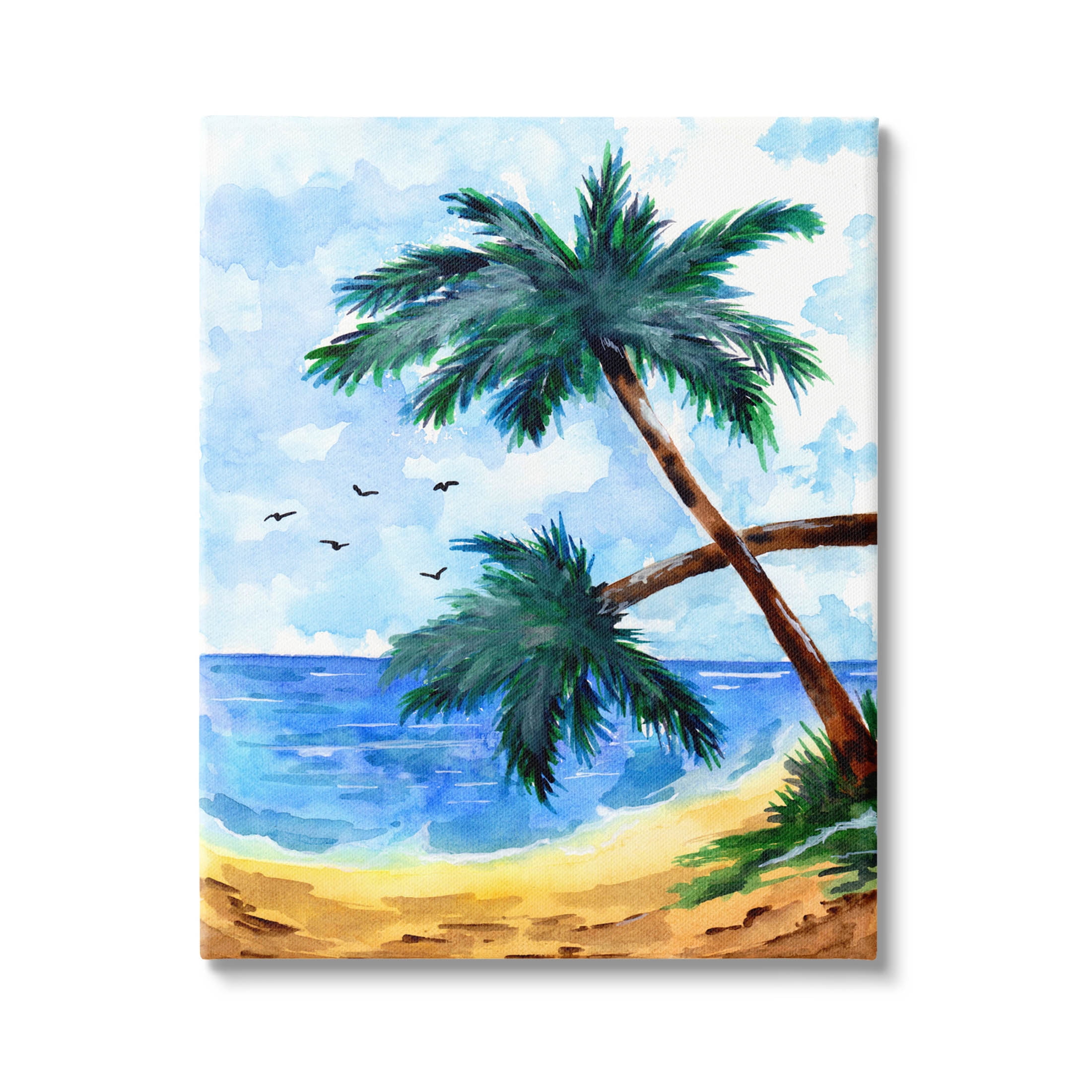 Tropical Beach Palms Birds Flying Coastal Painting Gallery Wrapped Canvas Print Wall Art