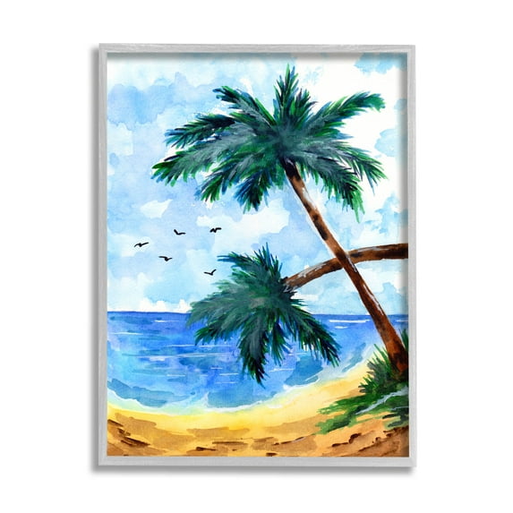 Tropical Beach Palms Birds Flying Coastal Painting Gray Framed Art Print Wall Art