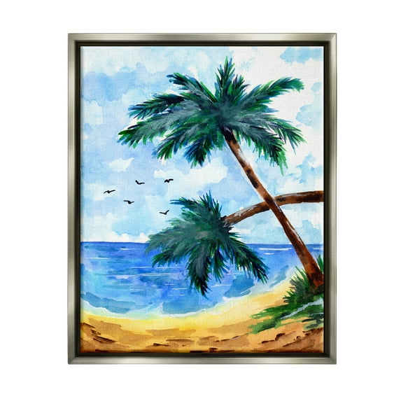 Tropical Beach Palms Birds Flying Coastal Painting Luster Gray Framed Art Print Wall Art