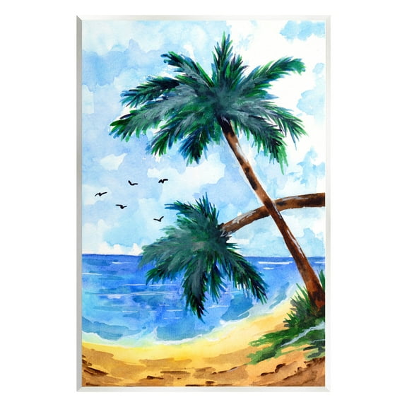 Tropical Beach Palms Birds Flying Coastal Painting Unframed Art Print Wall Art