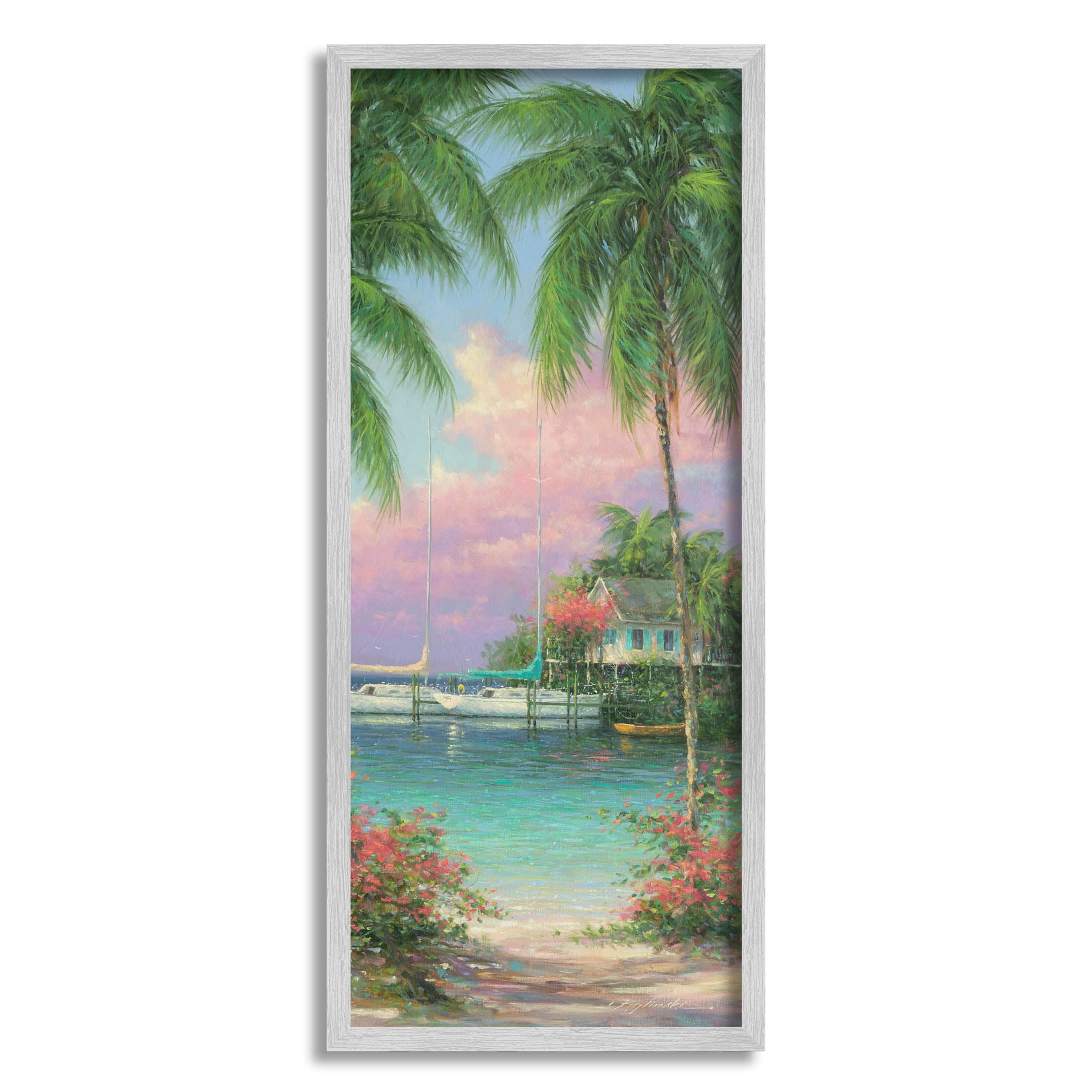 Tropical Beach Palms Docked Boats Coastal Painting Gray Framed Art Print Wall Art