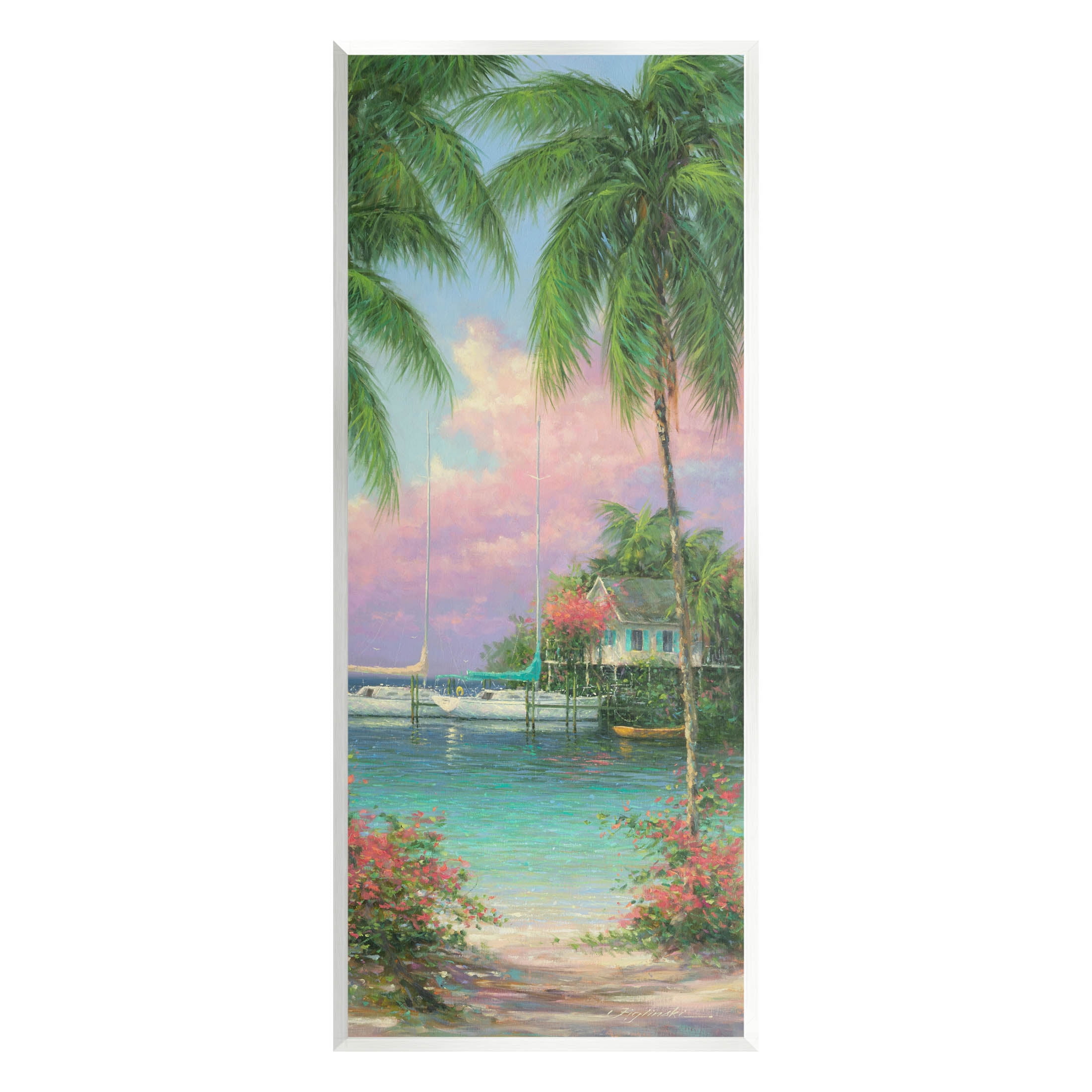 Tropical Beach Palms Docked Boats Coastal Painting Unframed Art Print Wall Art