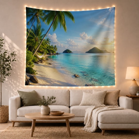Tropical Beach Paradise with Palm Trees and Hammock, Serene Coastal for Beach Lovers, Tropical Nature Art Decor, Housewarming Gift, Tapestry Wall Hanging for Bedroom and Living Room