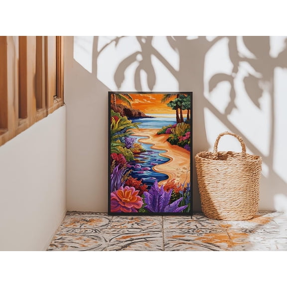 Tropical Beach Path Sunset Garden Coastal Art Unframed Paper Print