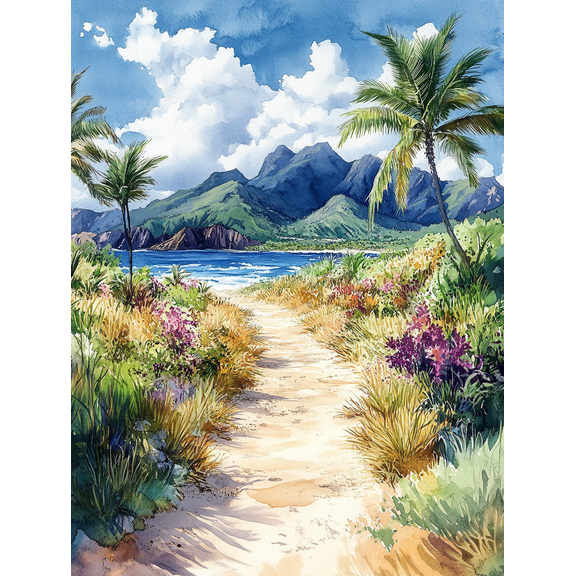 Tropical Beach Path Watercolor Canvas Art Print Perfect for Living Room Bathroom Office and Hotel Decoration.