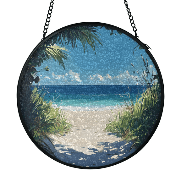 Tropical Beach Path Window Hanging Decoration, 6.3x6.3In Round Indoor/Outdoor Stained Glass Suncatchers for Windows Hanging, Bright Suncatcher for Bathroom Balcony Living Room Bedroom