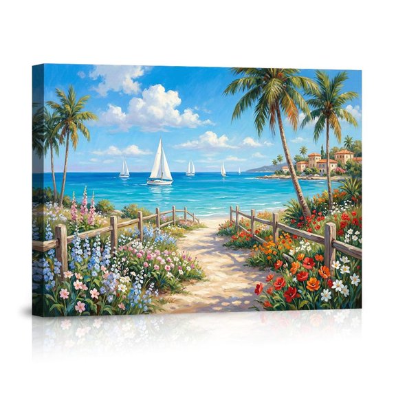 Tropical Beach Path With Palm Trees And Sailboats Idyllic Coastal Paradise Vibrant Floral Escape Home Canvas