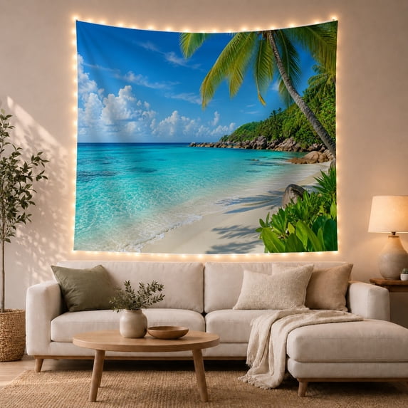 Tropical Beach Photorealistic with Tall Palm Tree Feathery, Mystical Fantasy for Space Lovers, Galaxy Room Decor, Mother'S Day Gift, Tapestry Wall Hanging for Bedroom and Dorm