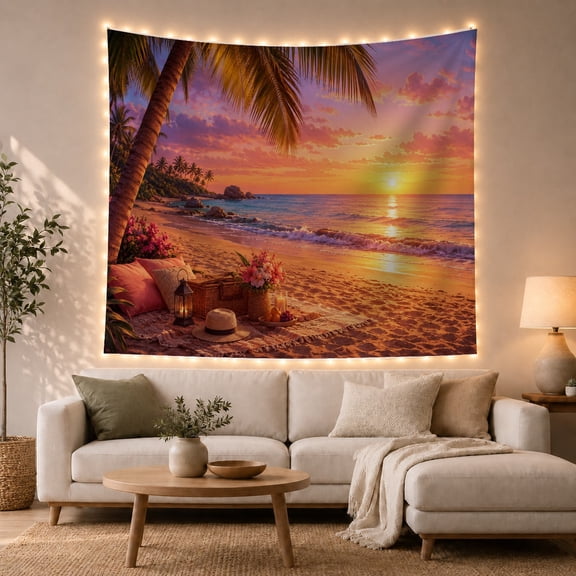 Tropical Beach Picnic with Palm Trees and Sunset Waves, Romantic Coastal for Beach Lovers, Canvas Art Decor, Housewarming Gift, Tapestry Wall Hanging for Living Room and Bedroom