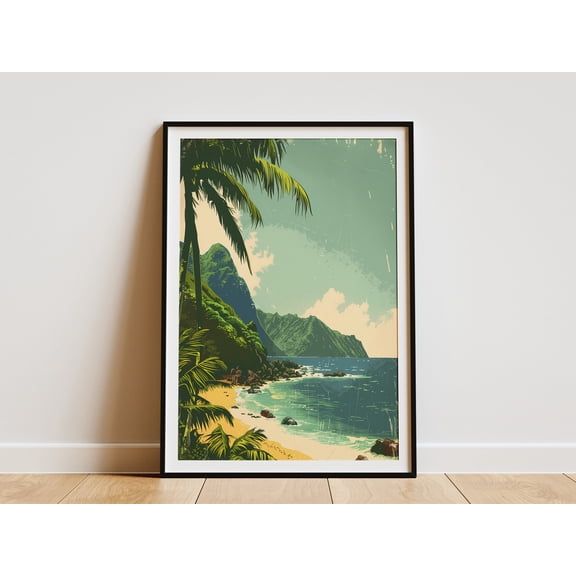 Tropical Beach Poster Vintage Travel Poster Mid Century Modern Ocean Art Landscape Wall Art Print