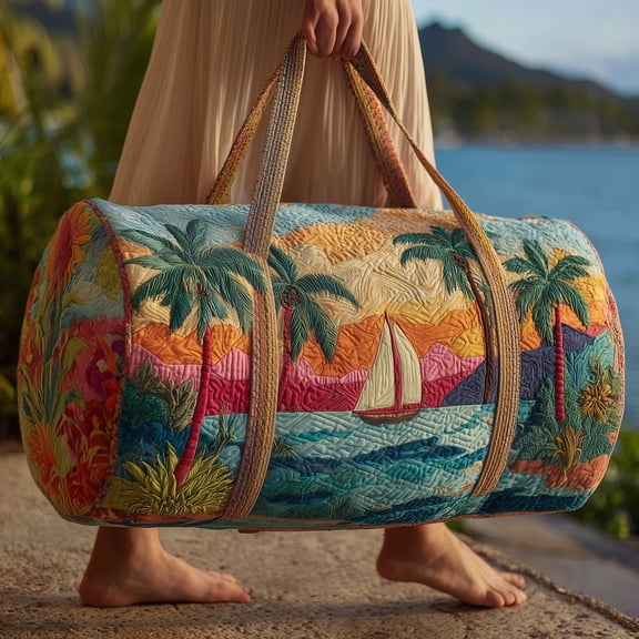 Tropical Beach Quilted Duffle Bag with Adjustable Strap,Travel Weekender Bag