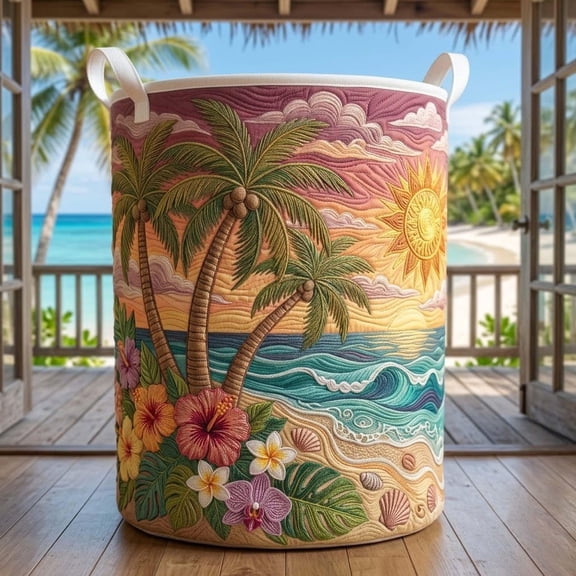 Tropical Beach Quilted Laundry Basket, Hawaiian Floral Storage Bin, Coastal Hamper
