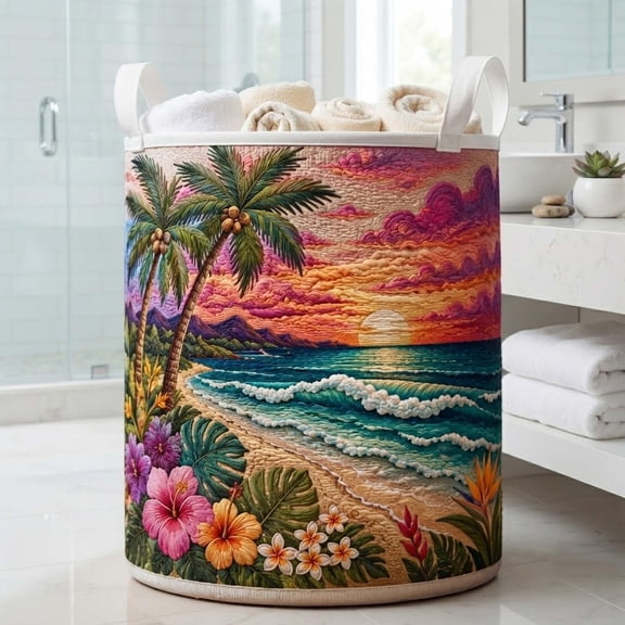 Tropical Beach Quilted Laundry Basket: Palm Tree Storage Bin, Hawaii Theme Clothes Hamper