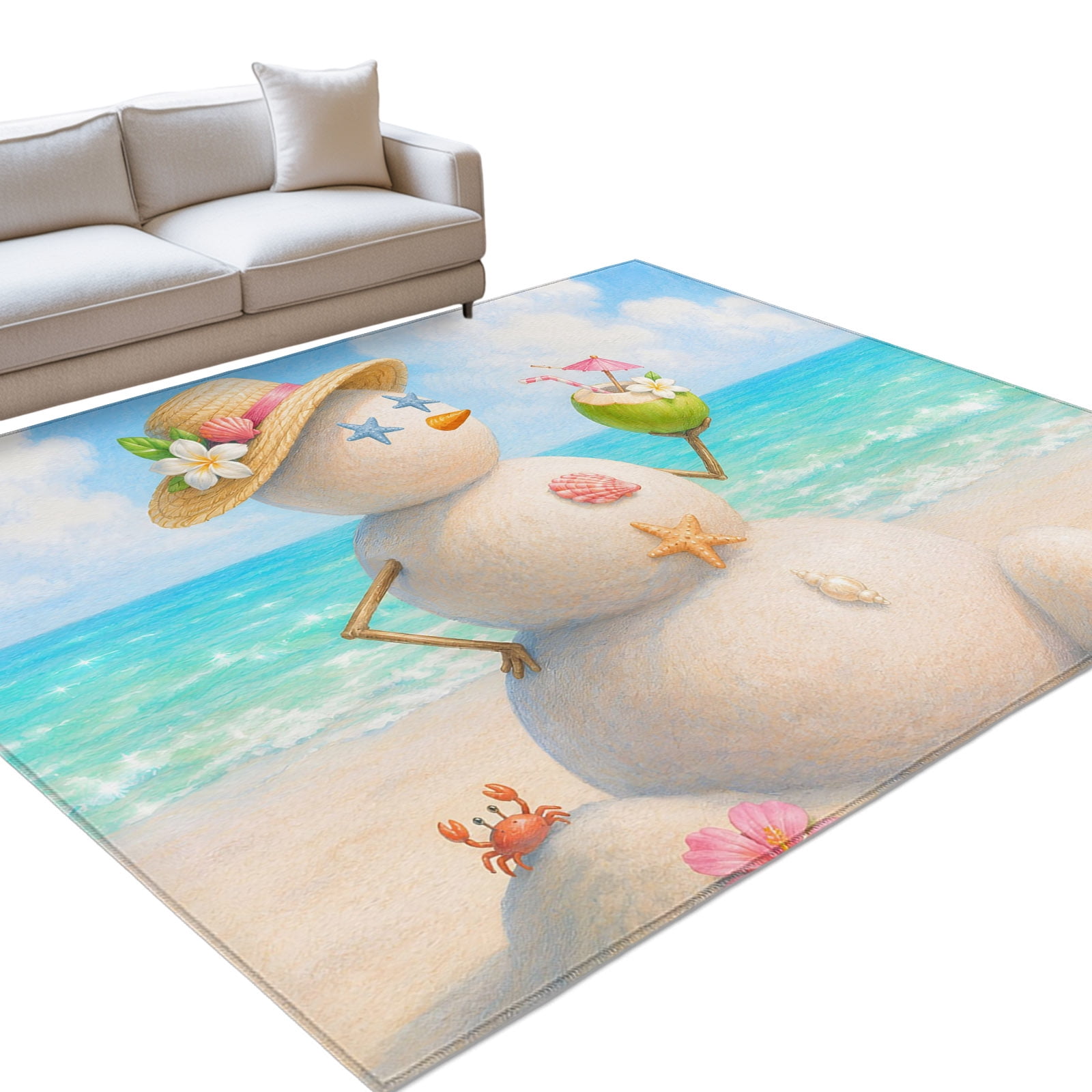 Tropical Beach Sand Snowman Area Rug 4'x6', Summer Ocean Coconut Drink ...